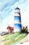Watercolor picture of a lighthouse on the green hill
