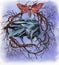 Watercolor picture of a raven in wreath of gnarled tree branches