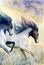 Watercolor picture of two running horses with clouds of dust