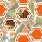 Watercolor pieces of palm leaves and orange hexagon seamless pattern ilustration. tropical background