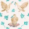 Watercolor pigeons, seamless patterns. Aquarelle art