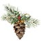 Watercolor pine cone with Christmas decor. Hand painted pine cone with christmas tree branch, bells, holly and craft