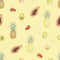 Watercolor pineapple avocado strawberry apricot papaya fruits isolated on yellow background. Seamless pattern for design