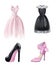 Watercolor pink and black dresses and shoes fashion set isolated on white background