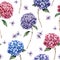 Watercolor pink and blue hydrangea seamless pattern. Hand painted blue, violet, pink flowers with leaves and branch