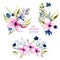 Watercolor pink and blue wildflowers and field grasses bouquets set