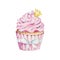 Watercolor pink cupcake with yellow crown