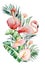 Watercolor pink flamingo, tropical leaves and flowers frame isolated illustration