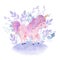 Watercolor pink, lilac unicorn composition with flowers