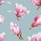 Watercolor pink magnolia blooming seamless pattern. Beautiful hand drawn tender spring blossoms on a blue background