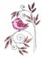 Watercolor pink nestling sitting on an abstract plant branch with curls, isolated on white background. Hand-drawn art with a bird