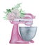 Watercolor pink pastry planetary mixer with flowers and greenery. Bakery illustration for invitation, pastry, menu, logos