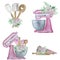 Watercolor pink pastry planetary mixer with flowers and greenery. Bakery illustration with towel and icing bag for invitation,
