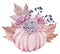 Watercolor pink pumpkin decorated with fall flowers, autumn maple leaves, berries. Beautiful floral pumpkin arrangement.