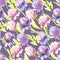 Watercolor pink and purple peonies, green leaves seamless pattern