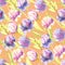 Watercolor pink and purple peonies, green leaves seamless pattern