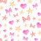 Watercolor pink ribbon bows, hearts and stars seamless pattern. Hand painted cute simple design isolated on white