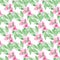 Watercolor pink seamless pattern with flowers and grren branches, hand drawn background