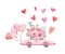 Watercolor pink special delivery car with floral bouquet floral bouquet, air balloons and hearts, isolated. Valentines day