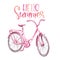 Watercolor pink vintage bicycle illustration. hand drawn beach cruiser, isolated on white background. Summer bike ride