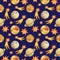 Watercolor planets, stars and yellow comets, seamless pattern, banner on dark blue background