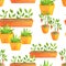 Watercolor plants in flowerpot seamless pattern. Hand drawn red pepper seedlings and aloe in pot. Cute gardening