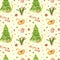 Watercolor playing tiger with a ball. Christmas tree in garlands. Seamless watercolor pattern with tigers and gifts