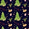 Watercolor playing tiger with a ball. Christmas tree in garlands. Seamless watercolor pattern with tigers and gifts