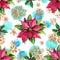 Watercolor poinsettia and golden snowflakes seamless pattern.