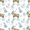 Watercolor polar deers, arctic foxes and owls in the forest seamless pattern