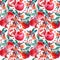 Watercolor pomegranate bloom branches and fruit seamless pattern