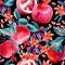 Watercolor pomegranate bloom branches and fruit seamless pattern