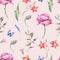 Watercolor poppy, blue butterflies, wild flowers seamless pattern, meadow herbs