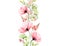 Watercolor Poppy seamless border. Vertical repetitive pattern. Abstract pink flowers with leaves and fresia branches on