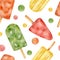 Watercolor popsicle seamless pattern. Hand drawn colorful red, yellow and green ice cream pops isolated on white