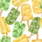 Watercolor popsicle seamless pattern. Hand drawn fresh yellow and green ice cream pops isolated on white background