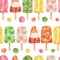Watercolor popsicle seamless pattern. Hand drawn red, yellow, green ice cream pops in line isolated on white background