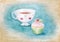 Watercolor porcelain tea Cup and cupcake with berries on a turquoise background