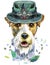 Watercolor portrait of airedale terrier dog in olive hat with raven skull and feathers