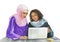 Watercolor portrait of Arabian and African women with laptop