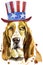 Watercolor portrait of basset hound with Uncle Sam hat on white background