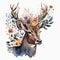 Watercolor Portrait of a Boho Deer with Spring Blooming Horns AI Generated