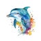 Watercolor portrait of a dolphin leaping from the ocean in colorful, bright, vibrant, and trippy colors