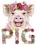 Watercolor portrait of pig with word PIG of watercolor flowers