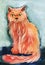 Watercolor portrait of red fluffy cat with bushy tail on grey abstract background. Hand drawn pet with wary and watchful