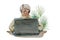 Watercolor portrait of a Senior woman in front of a laptop computer, with green palm plant on background. Journalist or