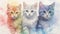 Watercolor portrait of three kittens in different colors