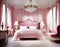Watercolor of A posh bedroom setting with a pink