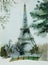 Watercolor postcard with Eiffel Tower in Paris, France, view fro