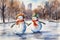 Watercolor postcard with happy couple of snowmen skating in snowy park in New York. Cute Character